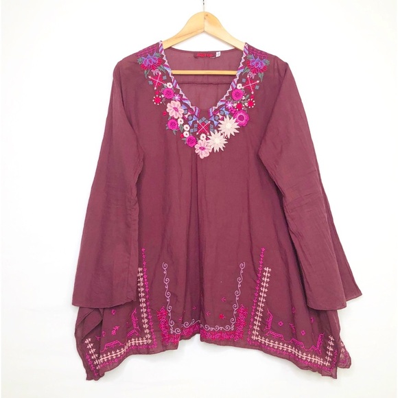 Johnny Was Red Wish Stitch boho embroidered long sleeve tunic top - Picture 1 of 11